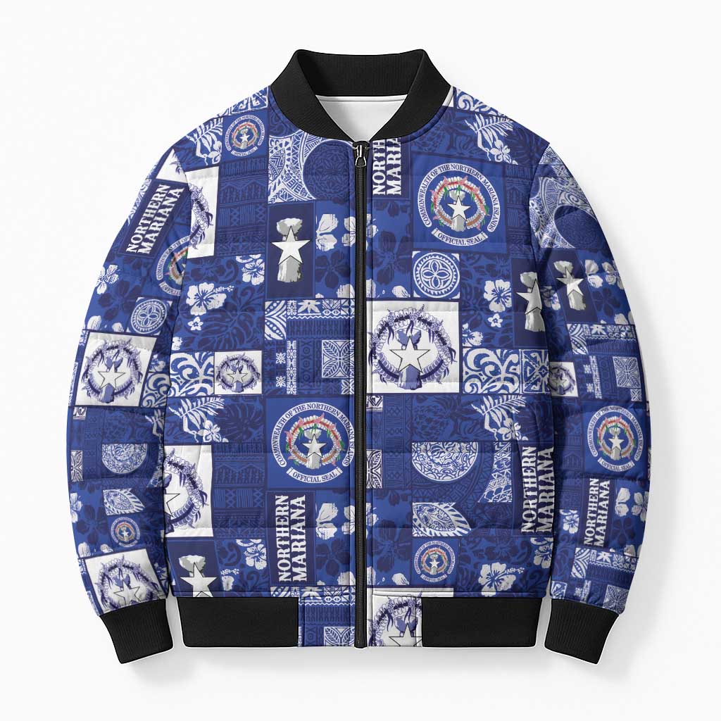 Northern Mariana Islands Magof Nochebuena Bomber Puffer Jacket Pacific Patchwork Xmas Vibes LT9 Unisex Blue - Polynesian Pride