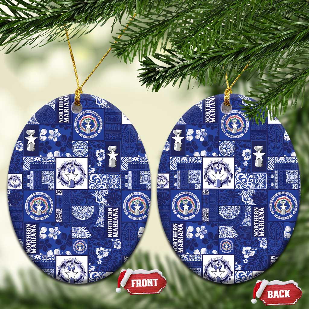 Northern Mariana Islands Magof Nochebuena Ceramic Ornament Pacific Patchwork Xmas Vibes LT9 Oval Blue - Polynesian Pride