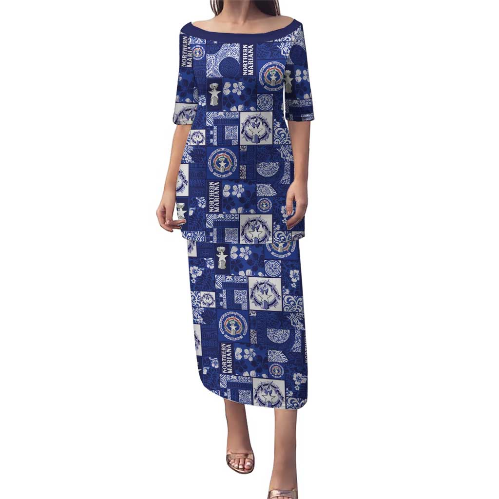Northern Mariana Islands Magof Nochebuena Puletasi Pacific Patchwork Xmas Vibes LT9 Long Dress Blue - Polynesian Pride