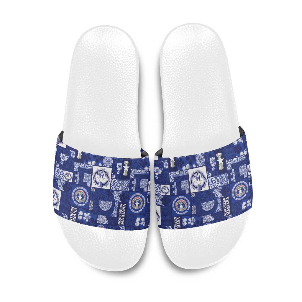 Northern Mariana Islands Magof Nochebuena Slide Sandals Pacific Patchwork Xmas Vibes LT9 Blue - Polynesian Pride