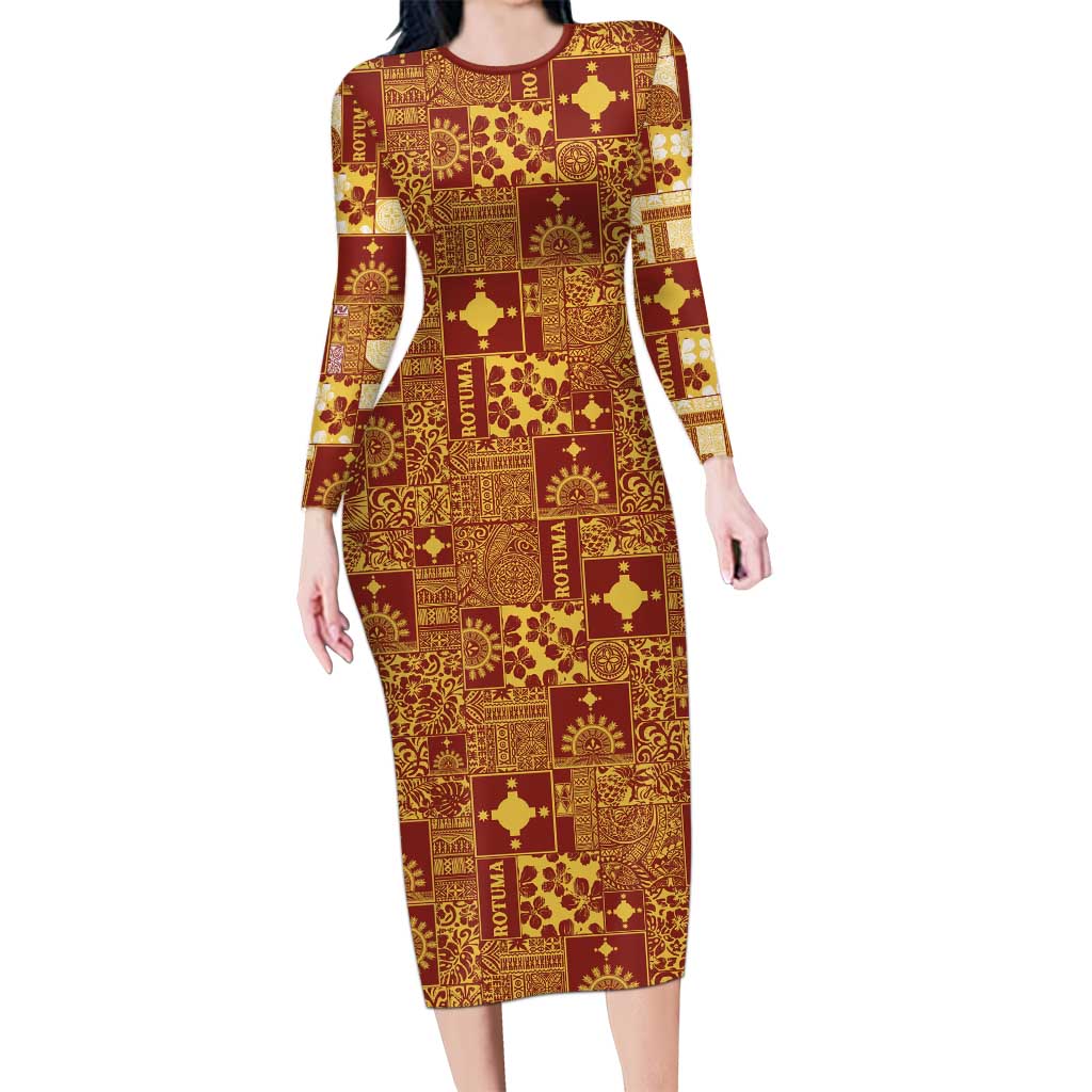Rotuma Faiakse'ea 'e Kirisimasi Long Sleeve Bodycon Dress Pacific Patchwork Xmas Vibes LT9 Long Dress Red - Polynesian Pride