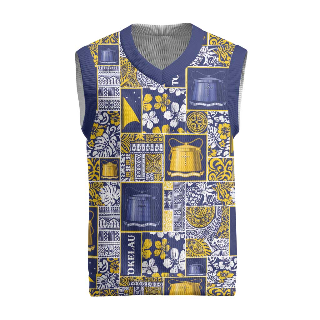 Tokelau Manuia te Kilihimahi Christmas Knitted V-Neck Vest Pacific Patchwork Xmas Vibes LT9 Blue - Polynesian Pride