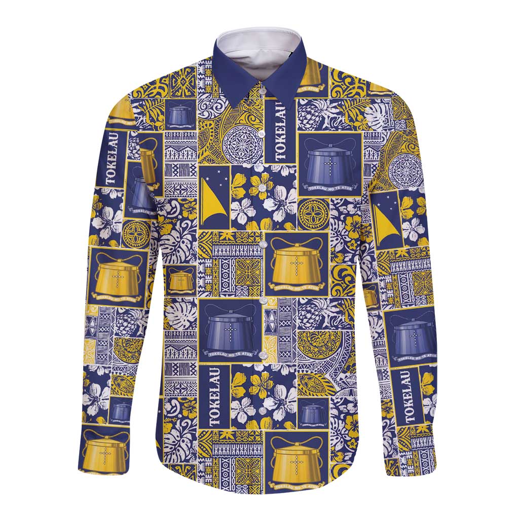 Tokelau Manuia te Kilihimahi Long Sleeve Button Shirt Pacific Patchwork Xmas Vibes LT9 Unisex Blue - Polynesian Pride