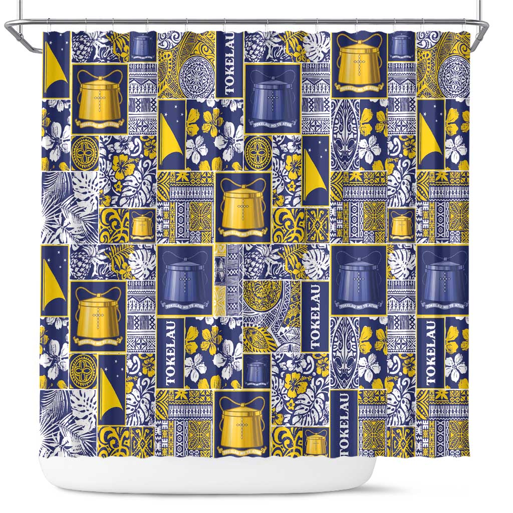 Tokelau Manuia te Kilihimahi Shower Curtain Pacific Patchwork Xmas Vibes LT9 Blue - Polynesian Pride