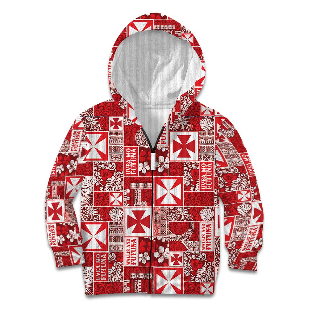 Wallis Et Futuna Kilisimasi Fiefia Kid Hoodie Pacific Patchwork Xmas Vibes LT9 Zip Hoodie Red - Polynesian Pride