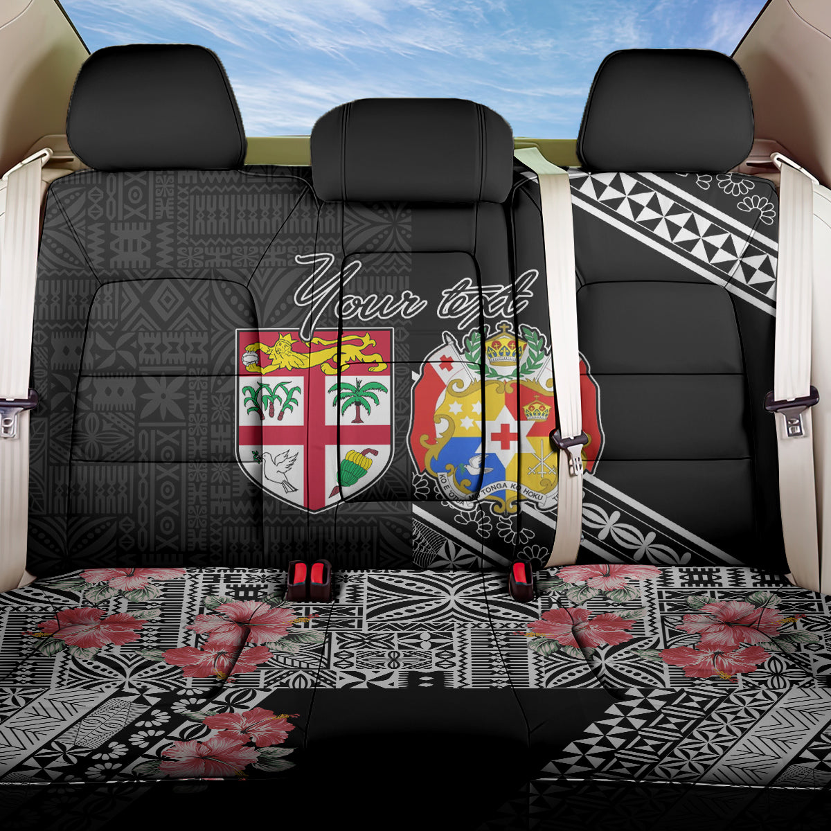 Fiji Tonga Coat of Arm Personalised Back Car Seat Cover With Masi Tapa and Tongan Ngatu Together LT9 One Size Black - Polynesian Pride