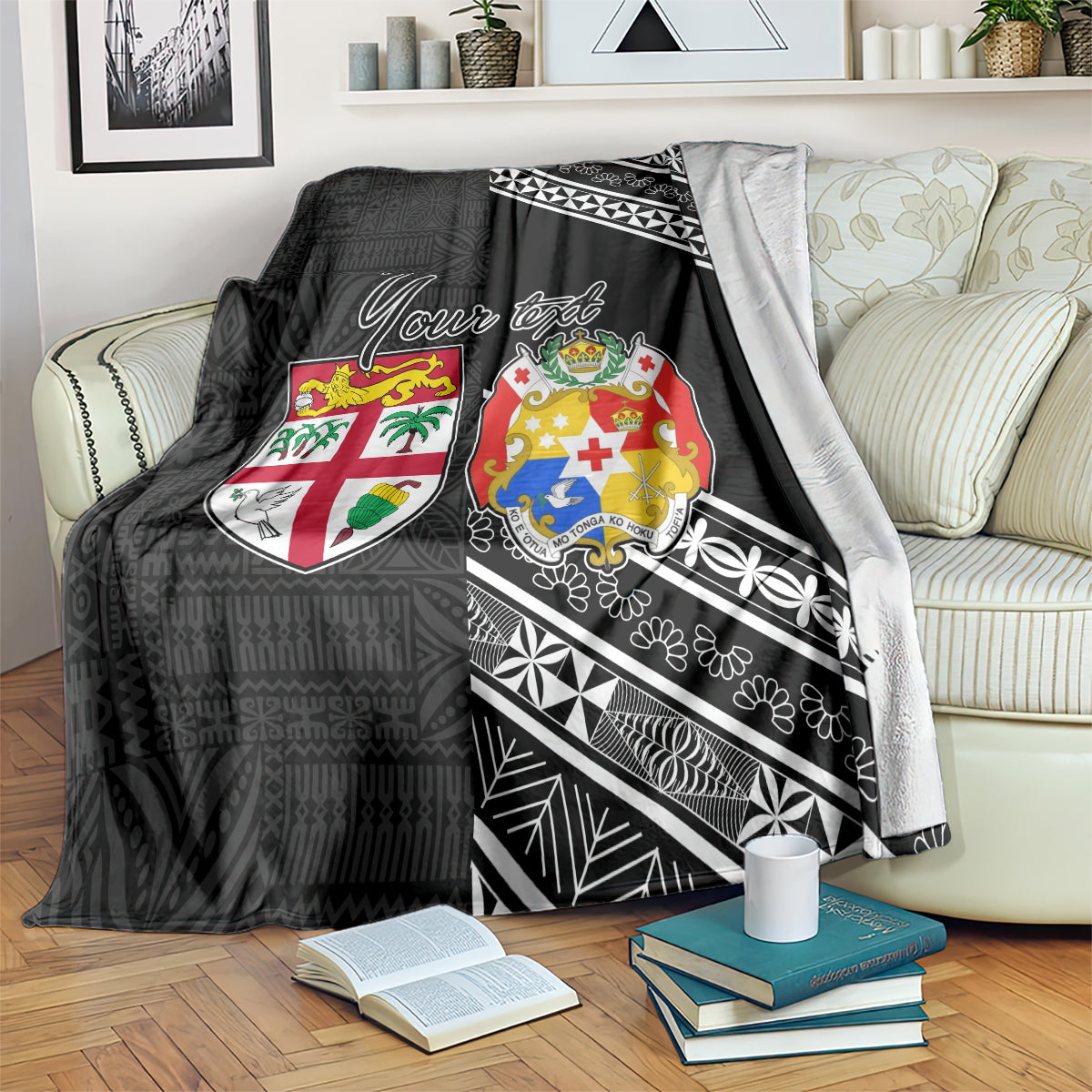 Fiji Tonga Coat of Arms Personalised Blanket - Masi Tapa and Tongan Ngatu Together LT9 Black - Polynesian Pride