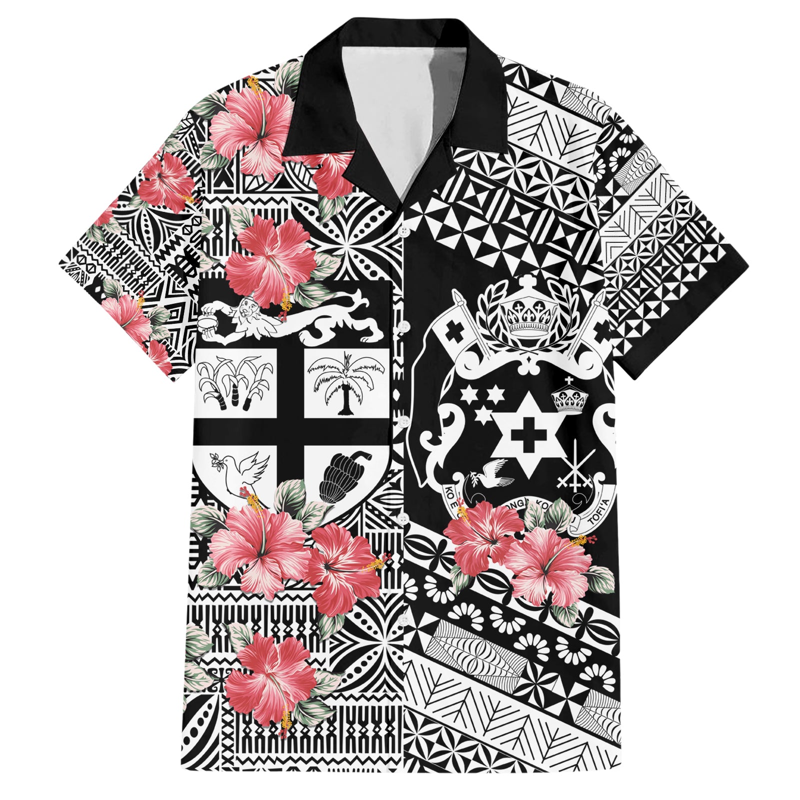 Fiji Tonga Coat of Arm Personalised Hawaiian Shirt With Masi Tapa and Tongan Ngatu Together LT9 Black - Polynesian Pride