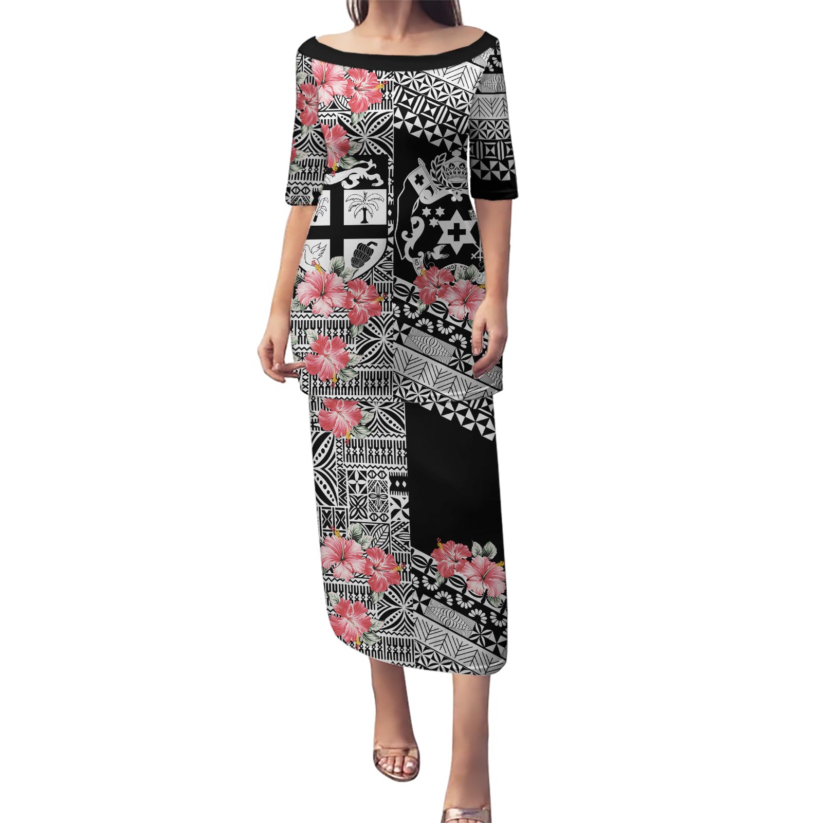 Fiji Tonga Coat of Arm Personalised Puletasi With Masi Tapa and Tongan Ngatu Together LT9 Long Dress Black - Polynesian Pride