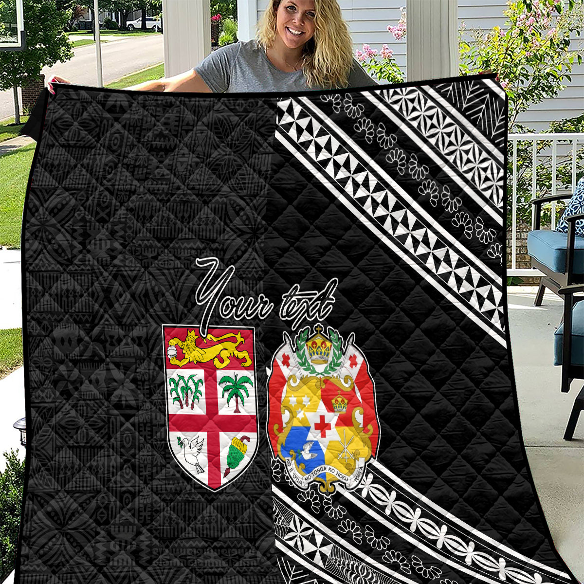 Fiji Tonga Coat of Arm Personalised Quilt With Masi Tapa and Tongan Ngatu Together LT9 Black - Polynesian Pride