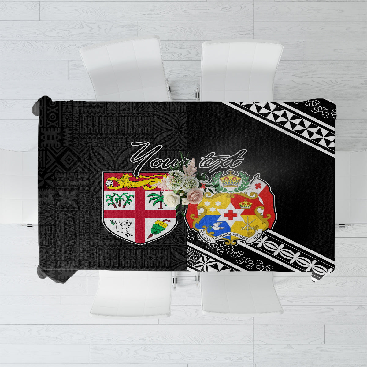 Fiji Tonga Coat of Arm Personalised Tablecloth With Masi Tapa and Tongan Ngatu Together LT9 Black - Polynesian Pride