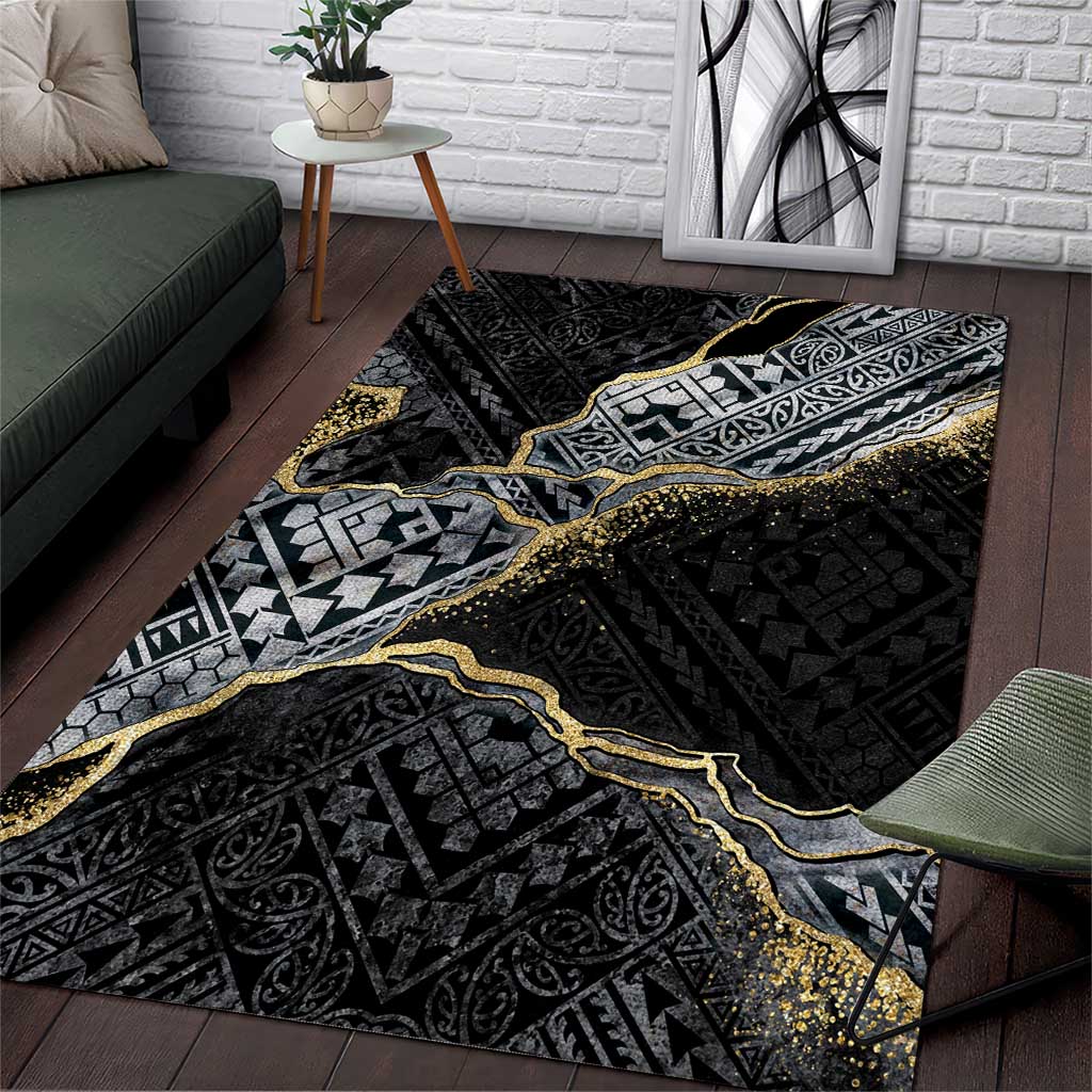 Polynesian Tribal Tattoo Area Rug Dark Marble Pattern LT9 Black - Polynesian Pride