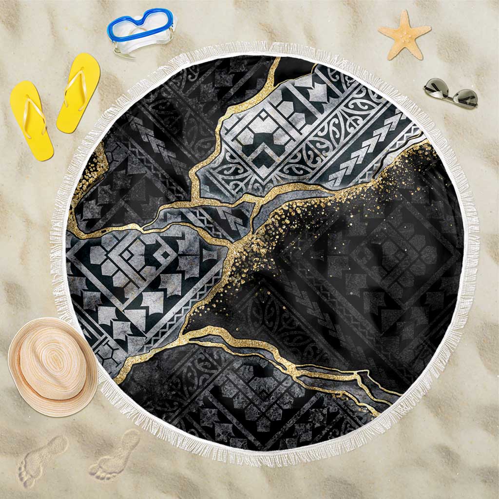 Polynesian Tribal Tattoo Beach Blanket Dark Marble Pattern