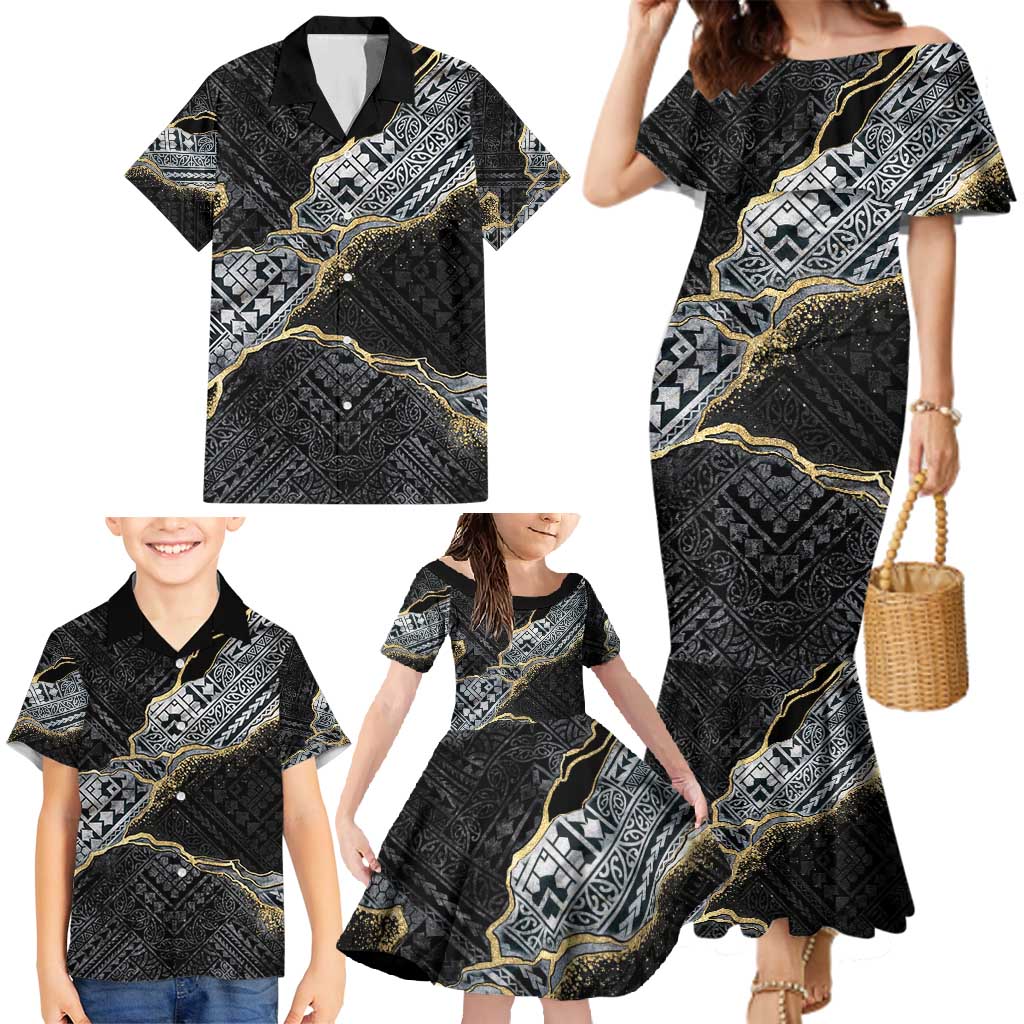 Polynesian Tribal Tattoo Family Matching Mermaid Dress and Hawaiian Shirt Dark Marble Pattern