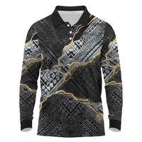 Polynesian Tribal Tattoo Long Sleeve Polo Shirt Dark Marble Pattern LT9 Black - Polynesian Pride