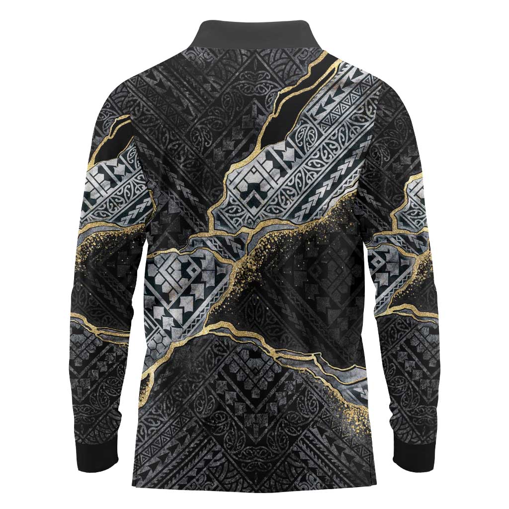 Polynesian Tribal Tattoo Long Sleeve Polo Shirt Dark Marble Pattern LT9 - Polynesian Pride