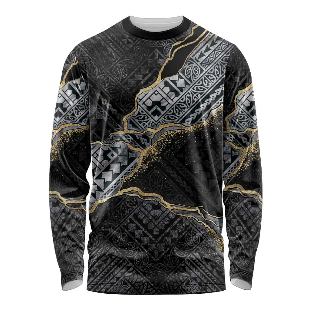 Polynesian Tribal Tattoo Long Sleeve Shirt Dark Marble Pattern LT9 Unisex Black - Polynesian Pride