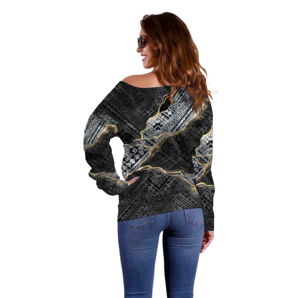 Polynesian Tribal Tattoo Off Shoulder Sweater Dark Marble Pattern LT9 - Polynesian Pride