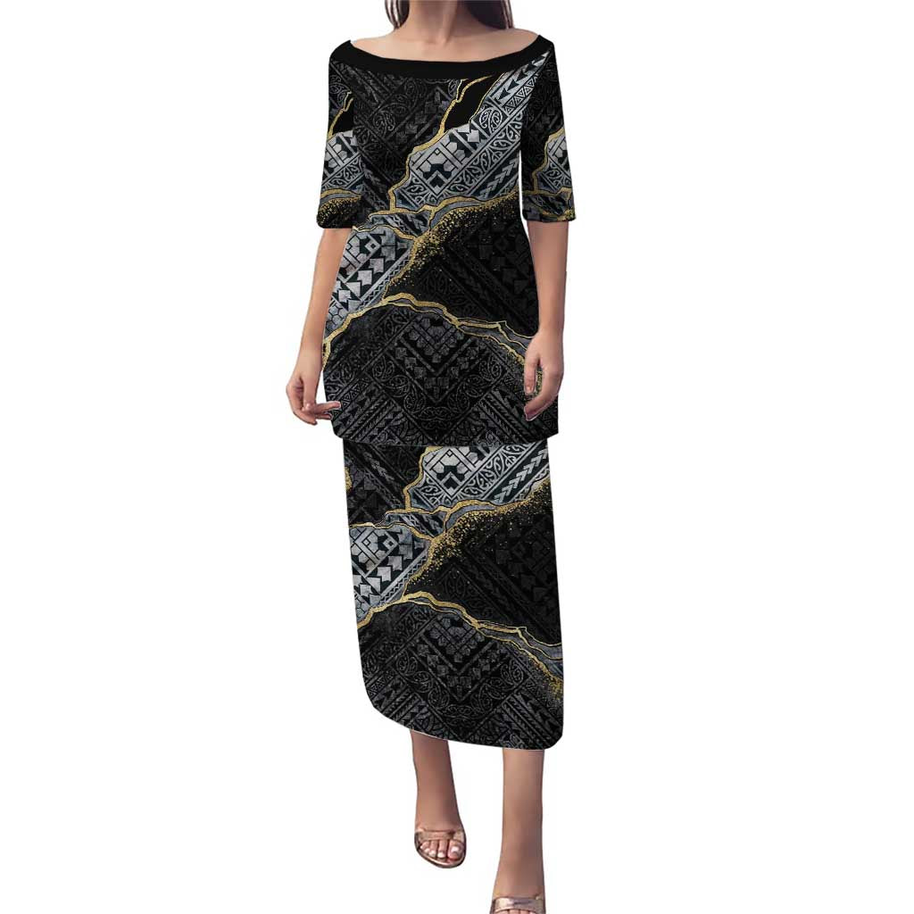 Polynesian Tribal Tattoo Puletasi Dark Marble Pattern LT9 Long Dress Black - Polynesian Pride