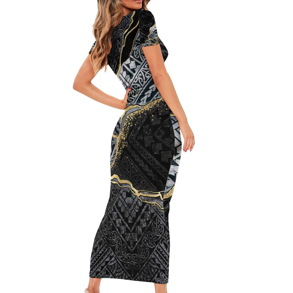 Polynesian Tribal Tattoo Short Sleeve Bodycon Dress Dark Marble Pattern LT9 - Polynesian Pride