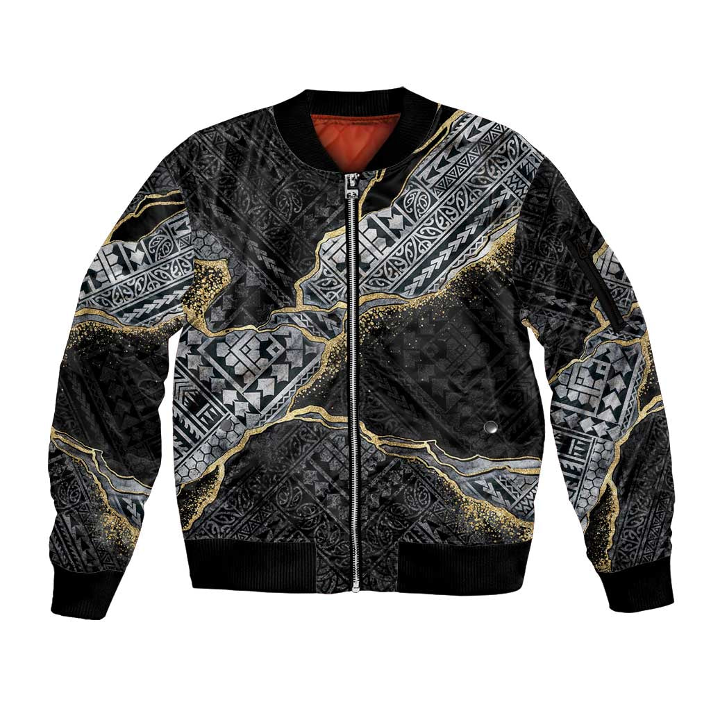 Polynesian Tribal Tattoo Sleeve Zip Bomber Jacket Dark Marble Pattern LT9 Unisex Black - Polynesian Pride