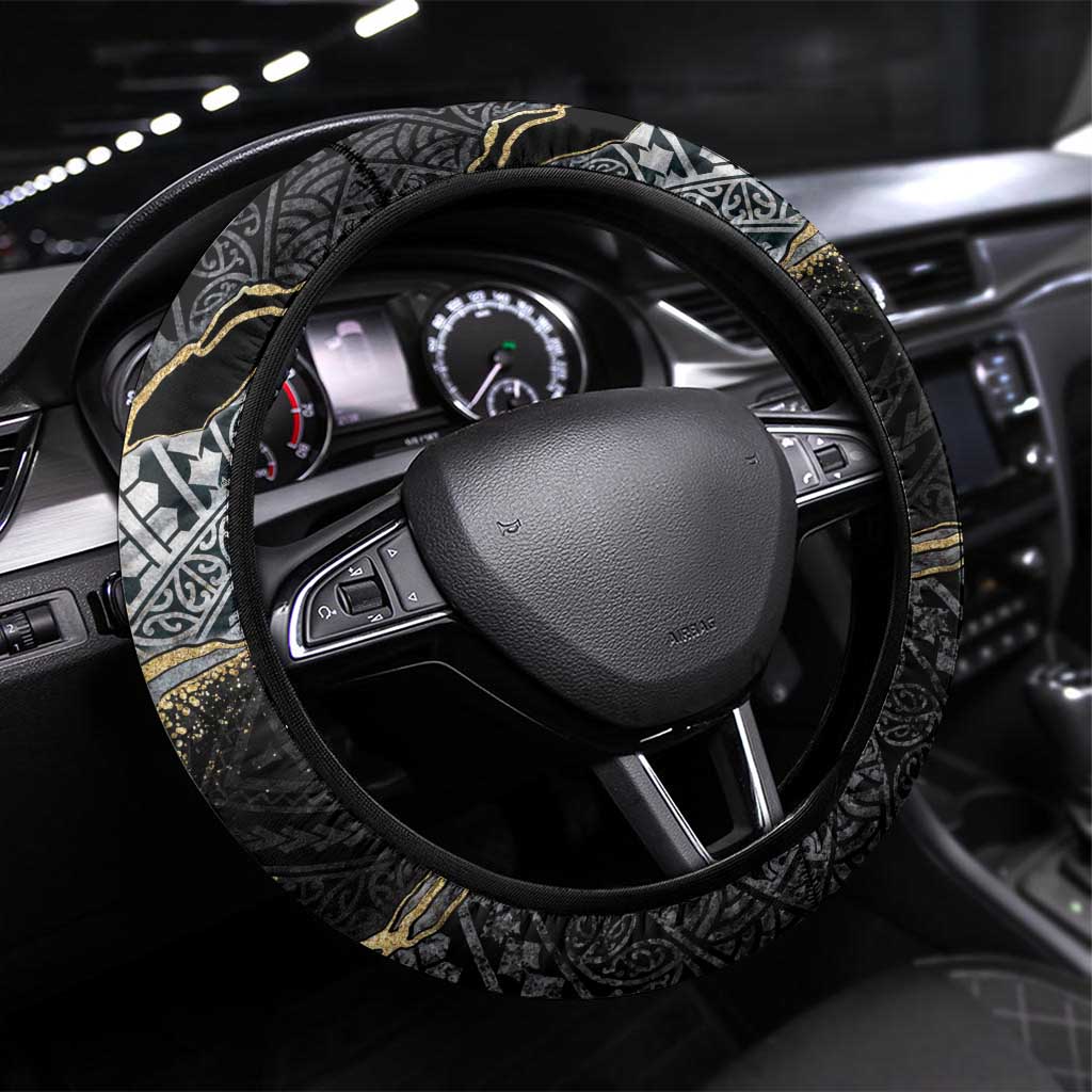 Polynesian Tribal Tattoo Steering Wheel Cover Dark Marble Pattern LT9 Universal Fit Black - Polynesian Pride
