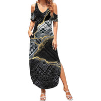 Polynesian Tribal Tattoo Summer Maxi Dress Dark Marble Pattern LT9 Women Black - Polynesian Pride