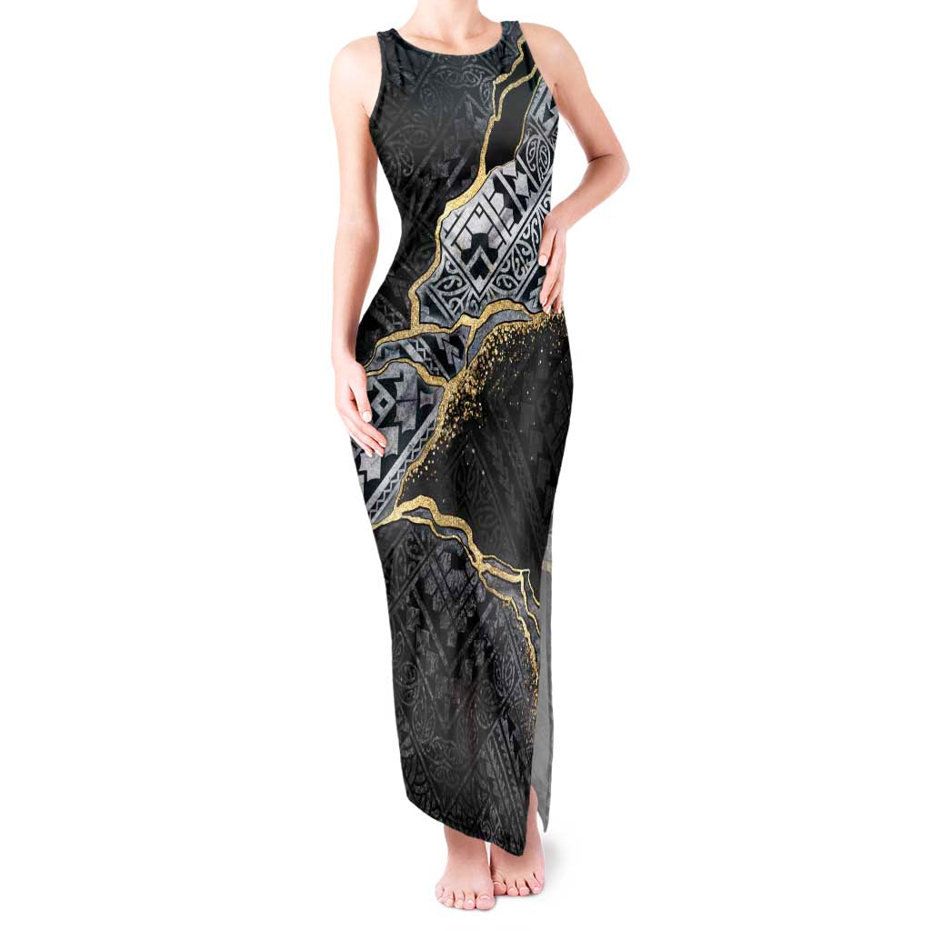 Polynesian Tribal Tattoo Tank Maxi Dress Dark Marble Pattern