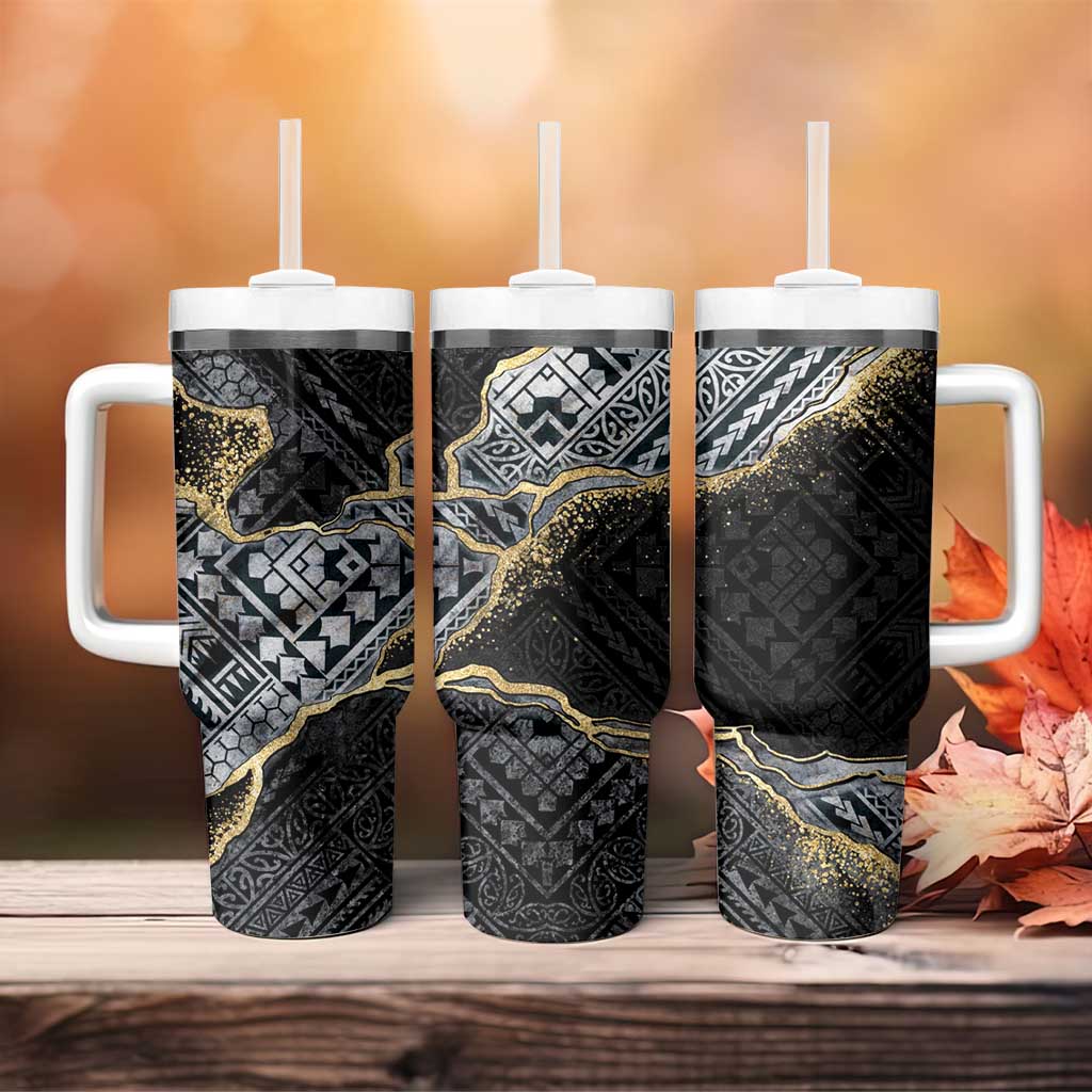Polynesian Tribal Tattoo Tumbler With Handle Dark Marble Pattern LT9 - Polynesian Pride