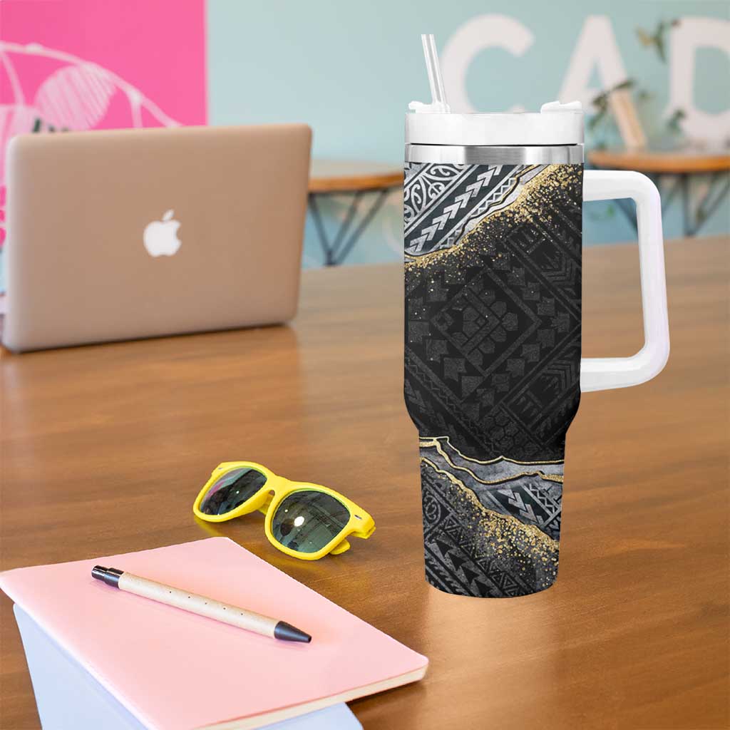 Polynesian Tribal Tattoo Tumbler With Handle Dark Marble Pattern LT9 - Polynesian Pride