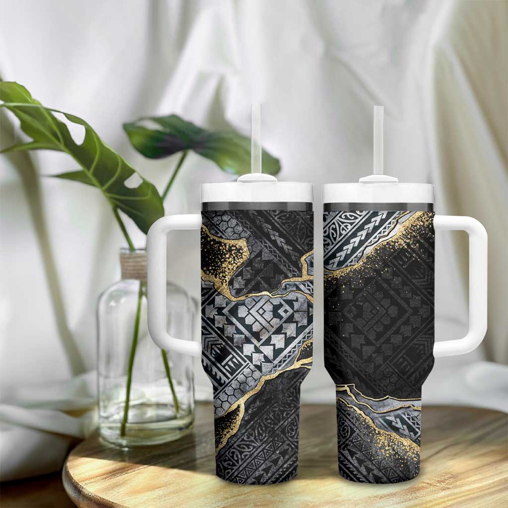 Polynesian Tribal Tattoo Tumbler With Handle Dark Marble Pattern LT9 - Polynesian Pride