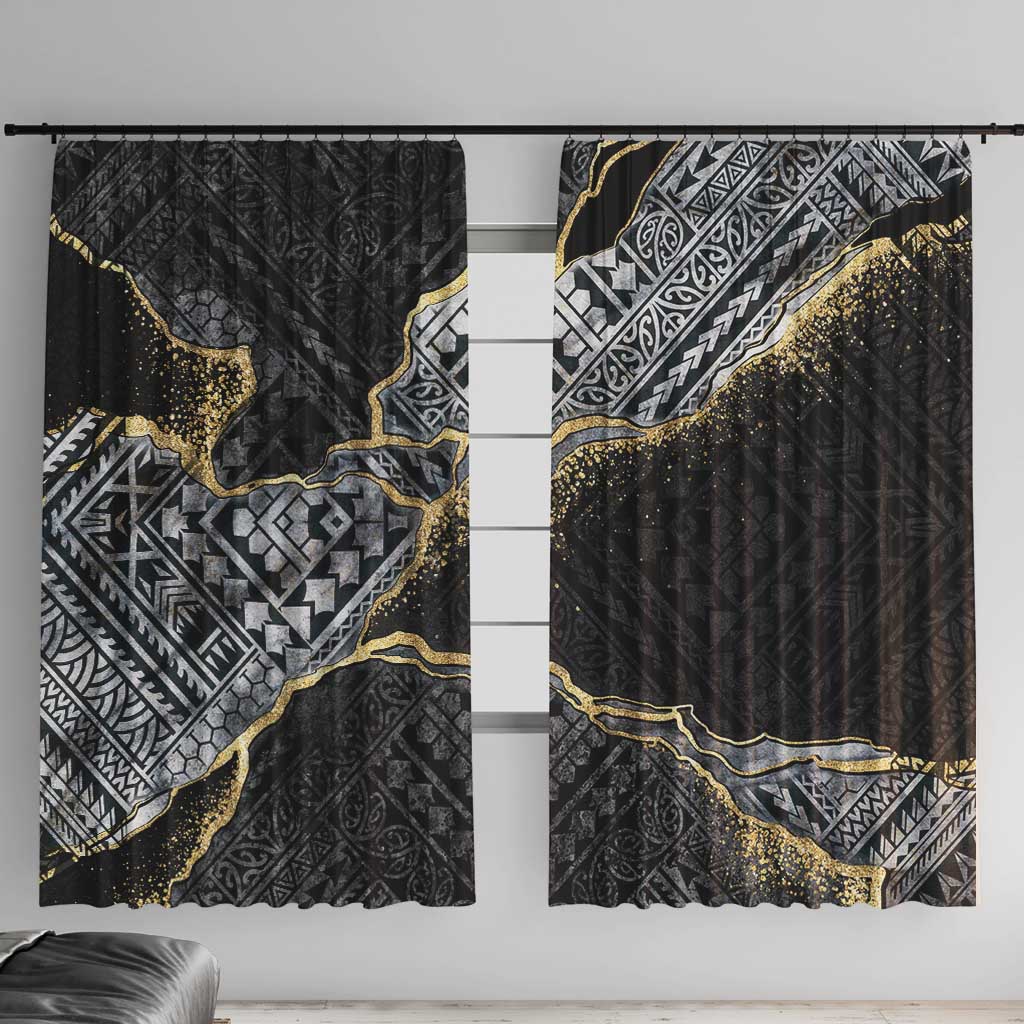 Polynesian Tribal Tattoo Window Curtain Dark Marble Pattern LT9 With Hooks Black - Polynesian Pride