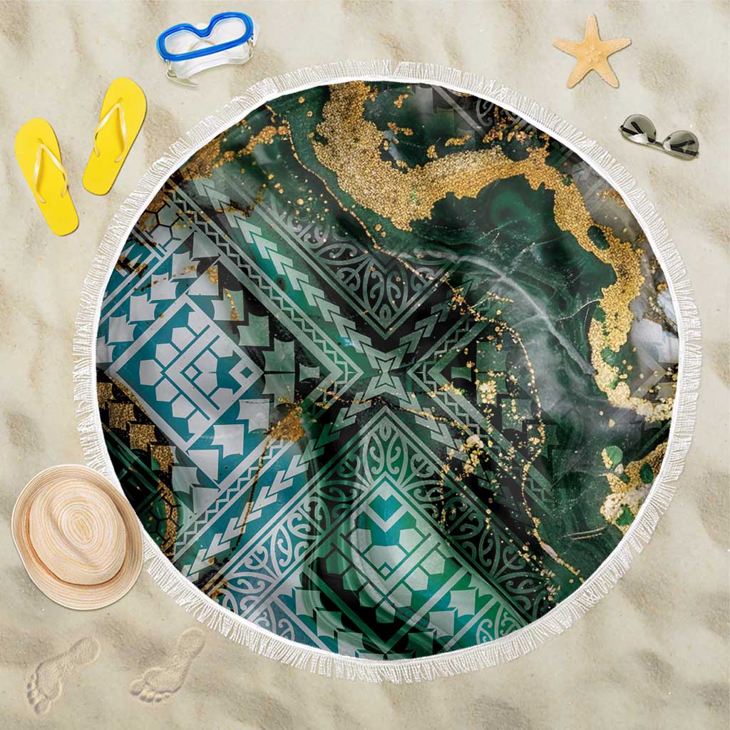 Polynesian Tribal Tattoo Beach Blanket Green Marble Pattern