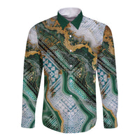Polynesian Tribal Tattoo Long Sleeve Button Shirt Green Marble Pattern LT9 Unisex Green - Polynesian Pride