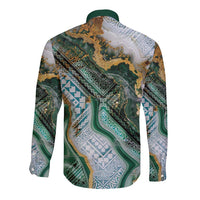 Polynesian Tribal Tattoo Long Sleeve Button Shirt Green Marble Pattern LT9 - Polynesian Pride