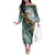 Polynesian Tribal Tattoo Off The Shoulder Long Sleeve Dress Green Marble Pattern