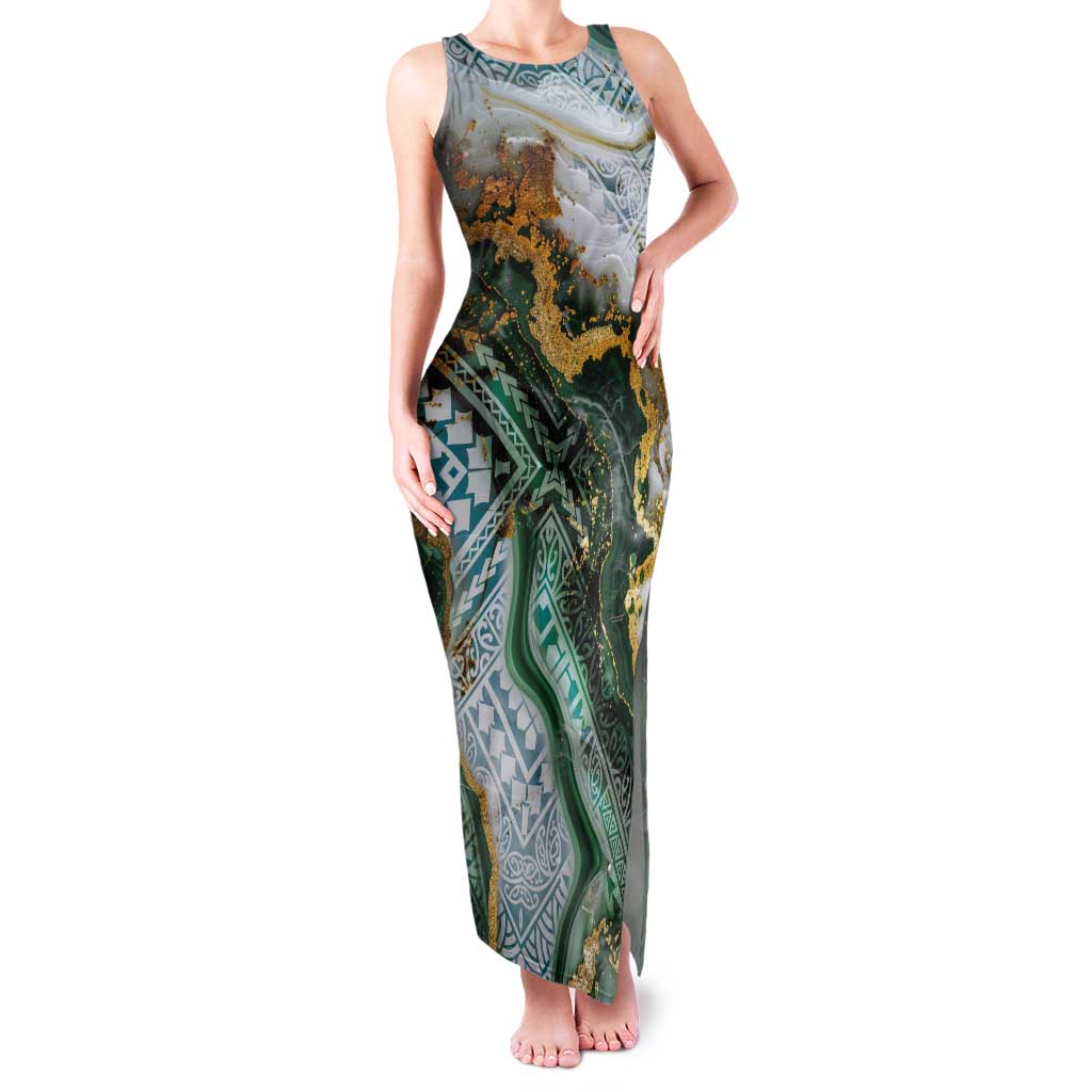 Polynesian Tribal Tattoo Tank Maxi Dress Green Marble Pattern