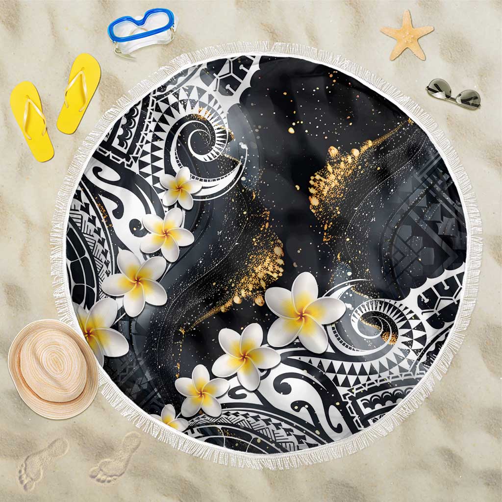 Polynesian Tribal Tattoo Beach Blanket Plumeria Black Gold Marble Pattern