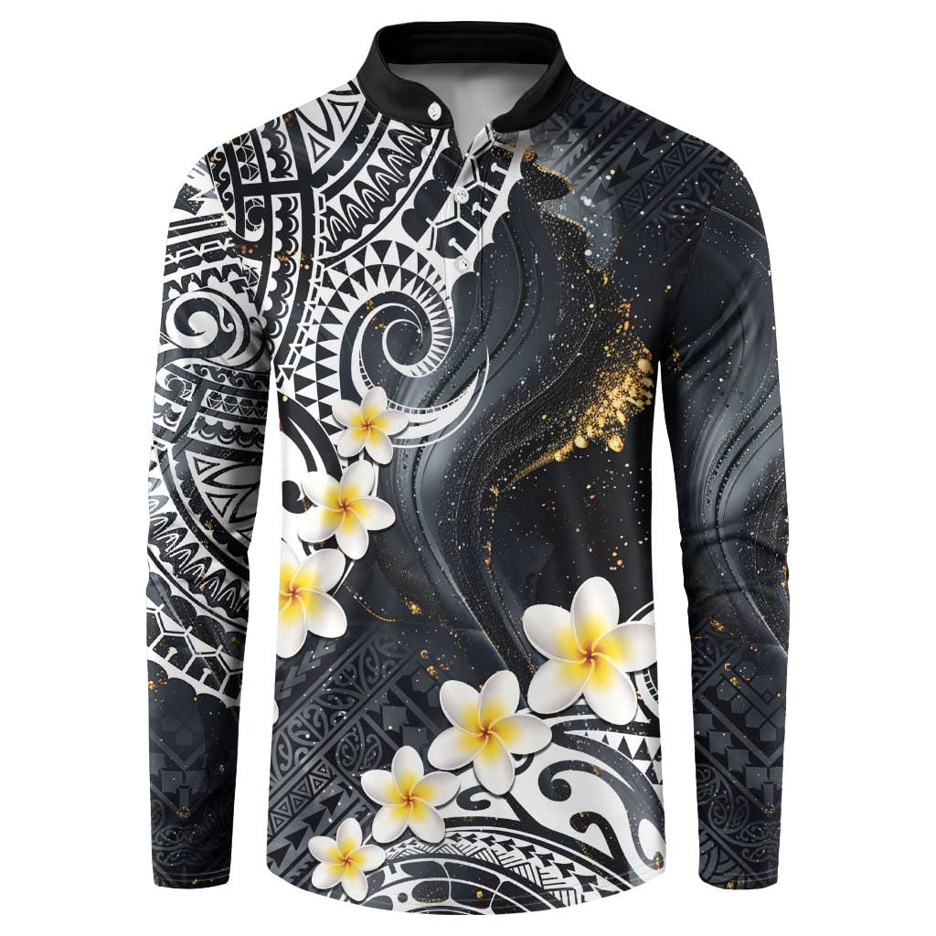 Polynesian Tribal Tattoo Button Sweatshirt Plumeria Black Gold Marble Pattern LT9 Black - Polynesian Pride