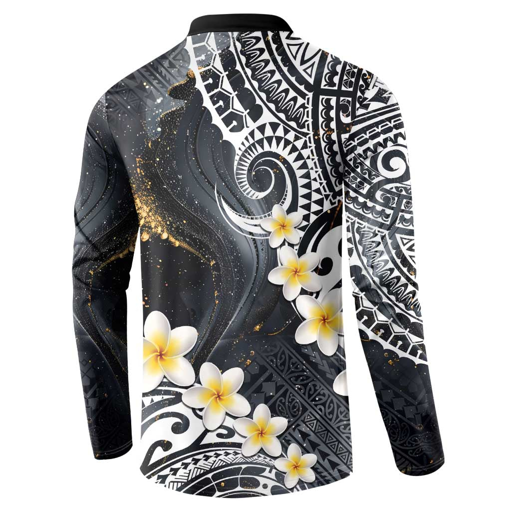 Polynesian Tribal Tattoo Button Sweatshirt Plumeria Black Gold Marble Pattern LT9 - Polynesian Pride
