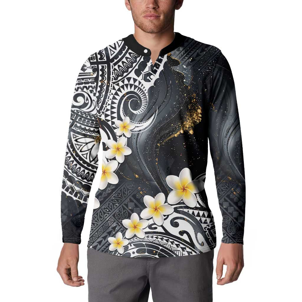 Polynesian Tribal Tattoo Button Sweatshirt Plumeria Black Gold Marble Pattern LT9 - Polynesian Pride