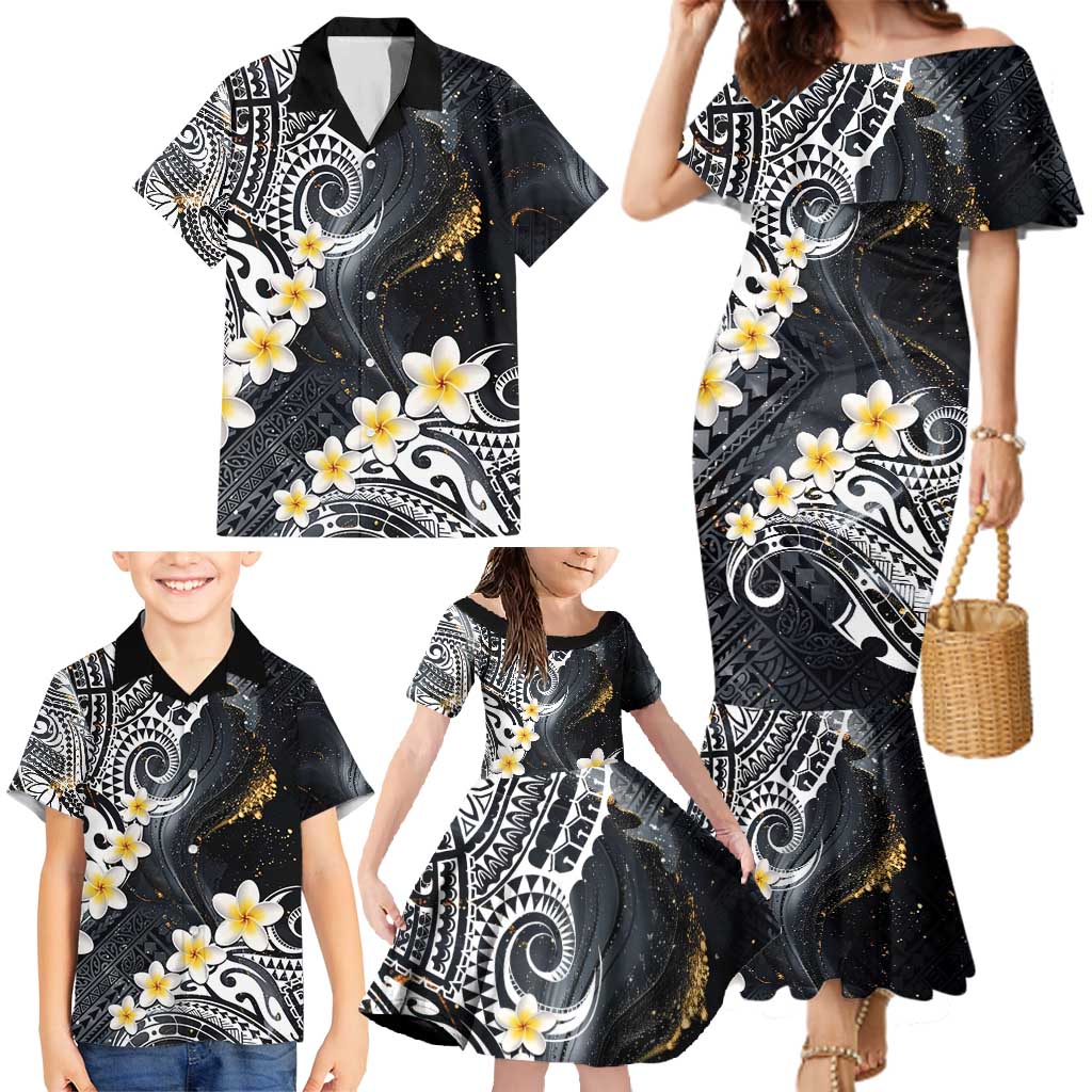 Polynesian Tribal Tattoo Family Matching Mermaid Dress and Hawaiian Shirt Plumeria Black Gold Marble Pattern