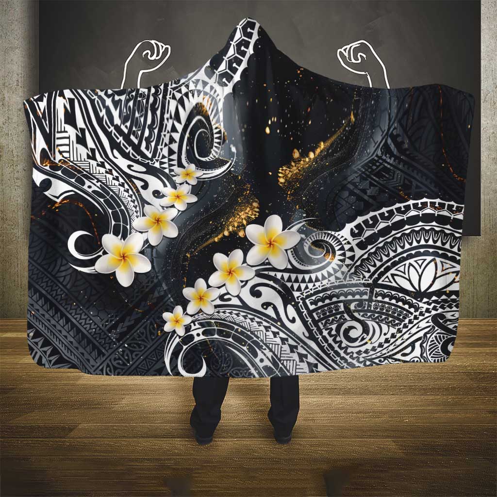 Polynesian Tribal Tattoo Hooded Blanket Plumeria Black Gold Marble Pattern LT9 - Polynesian Pride