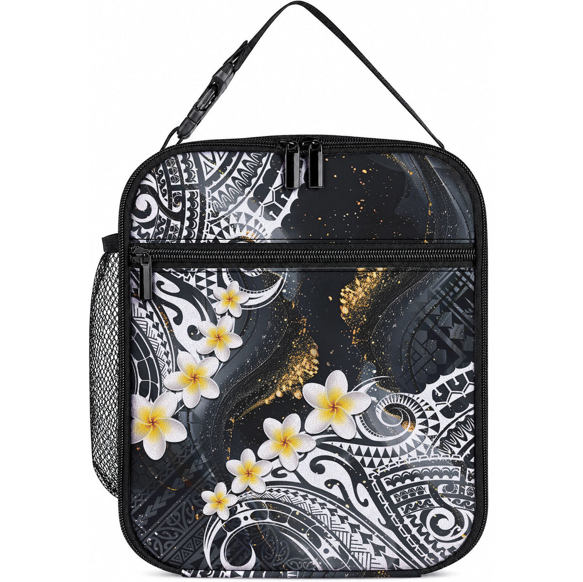 Polynesian Tribal Tattoo Lunch Bag Plumeria Black Gold Marble Pattern LT9 10.2 × 8.3 × 4.3 inch Black - Polynesian Pride