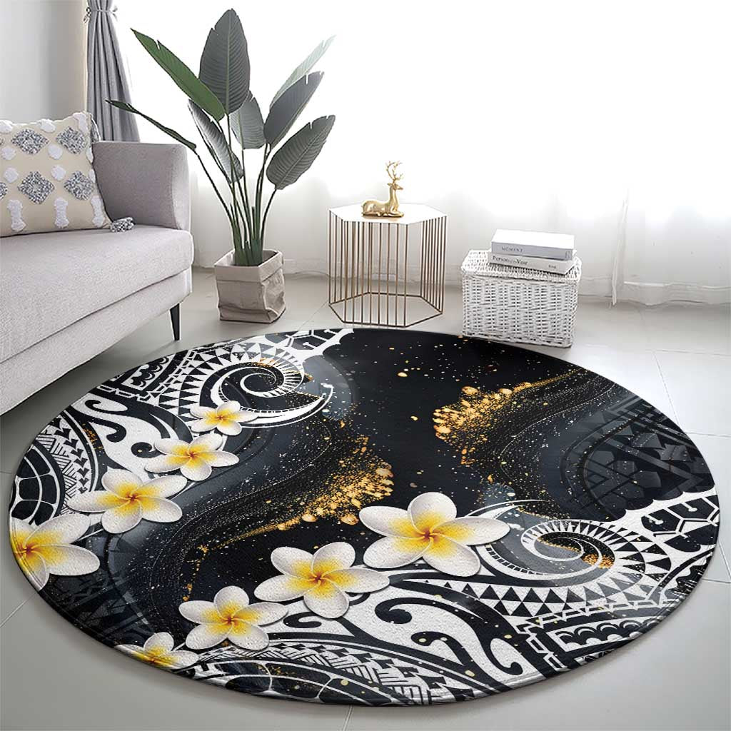 Polynesian Tribal Tattoo Round Carpet Plumeria Black Gold Marble Pattern LT9 - Polynesian Pride