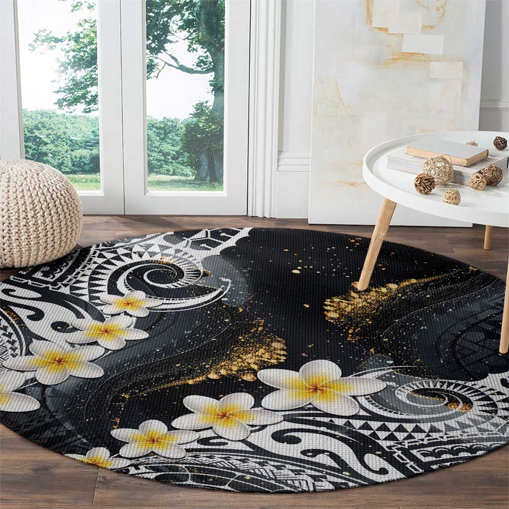 Polynesian Tribal Tattoo Round Carpet Plumeria Black Gold Marble Pattern LT9 - Polynesian Pride