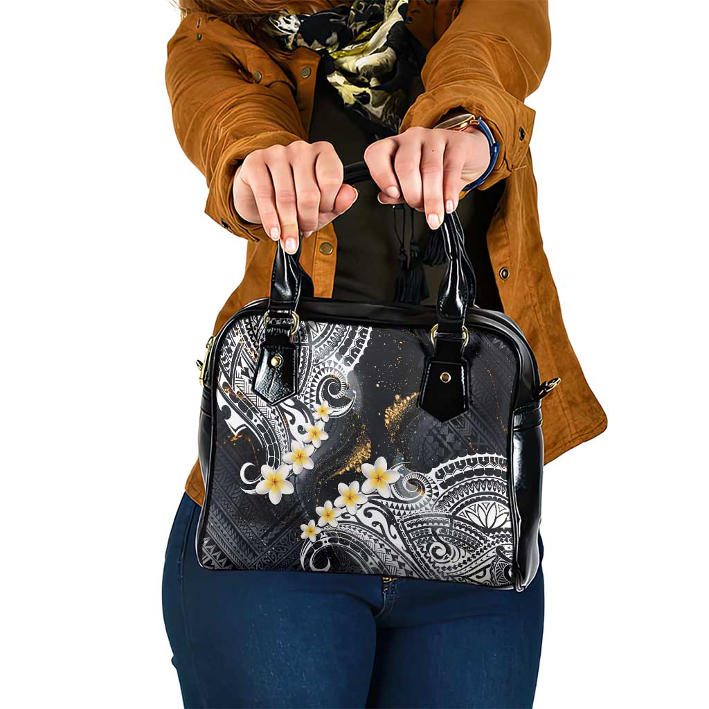 Polynesian Tribal Tattoo Shoulder Handbag Plumeria Black Gold Marble Pattern LT9 One Size Black - Polynesian Pride