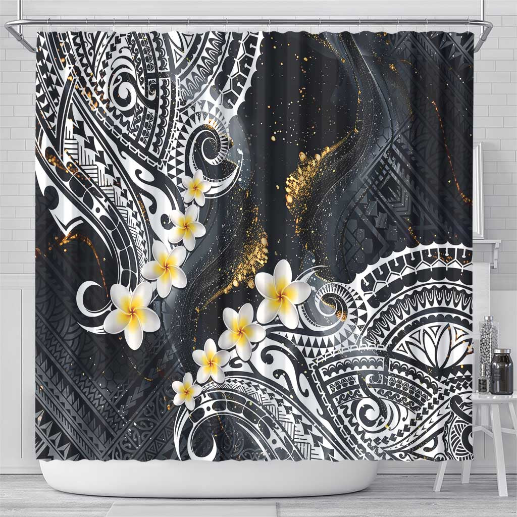 Polynesian Tribal Tattoo Shower Curtain Plumeria Black Gold Marble Pattern LT9 - Polynesian Pride