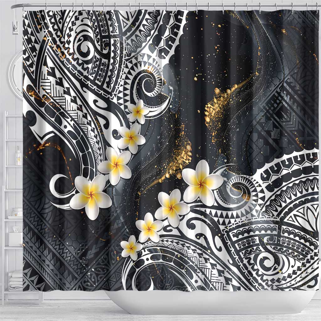 Polynesian Tribal Tattoo Shower Curtain Plumeria Black Gold Marble Pattern LT9 - Polynesian Pride