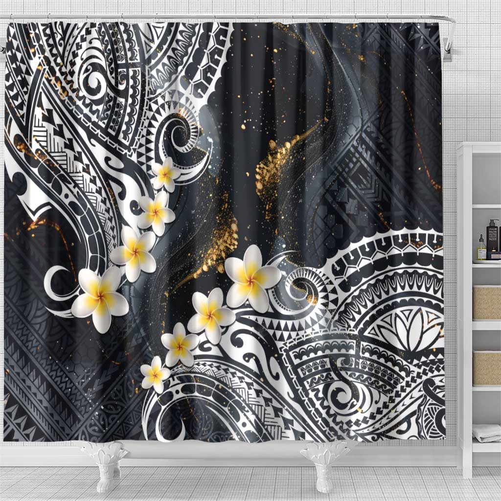 Polynesian Tribal Tattoo Shower Curtain Plumeria Black Gold Marble Pattern LT9 - Polynesian Pride